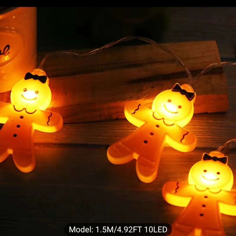 New Gingerbread Man Woman String Of 10 LED Lights Battery Operated.